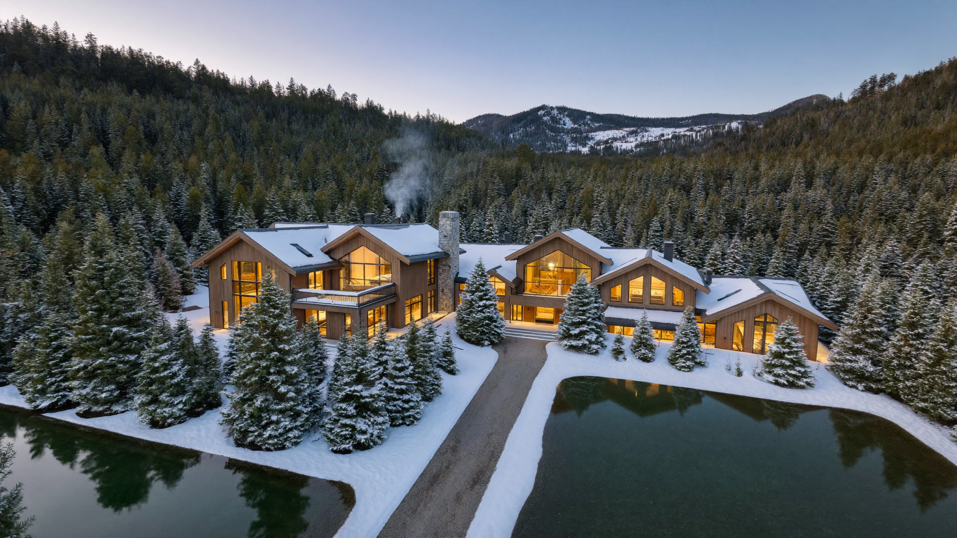 Aerial view of a Vermont mountain chalet at dusk