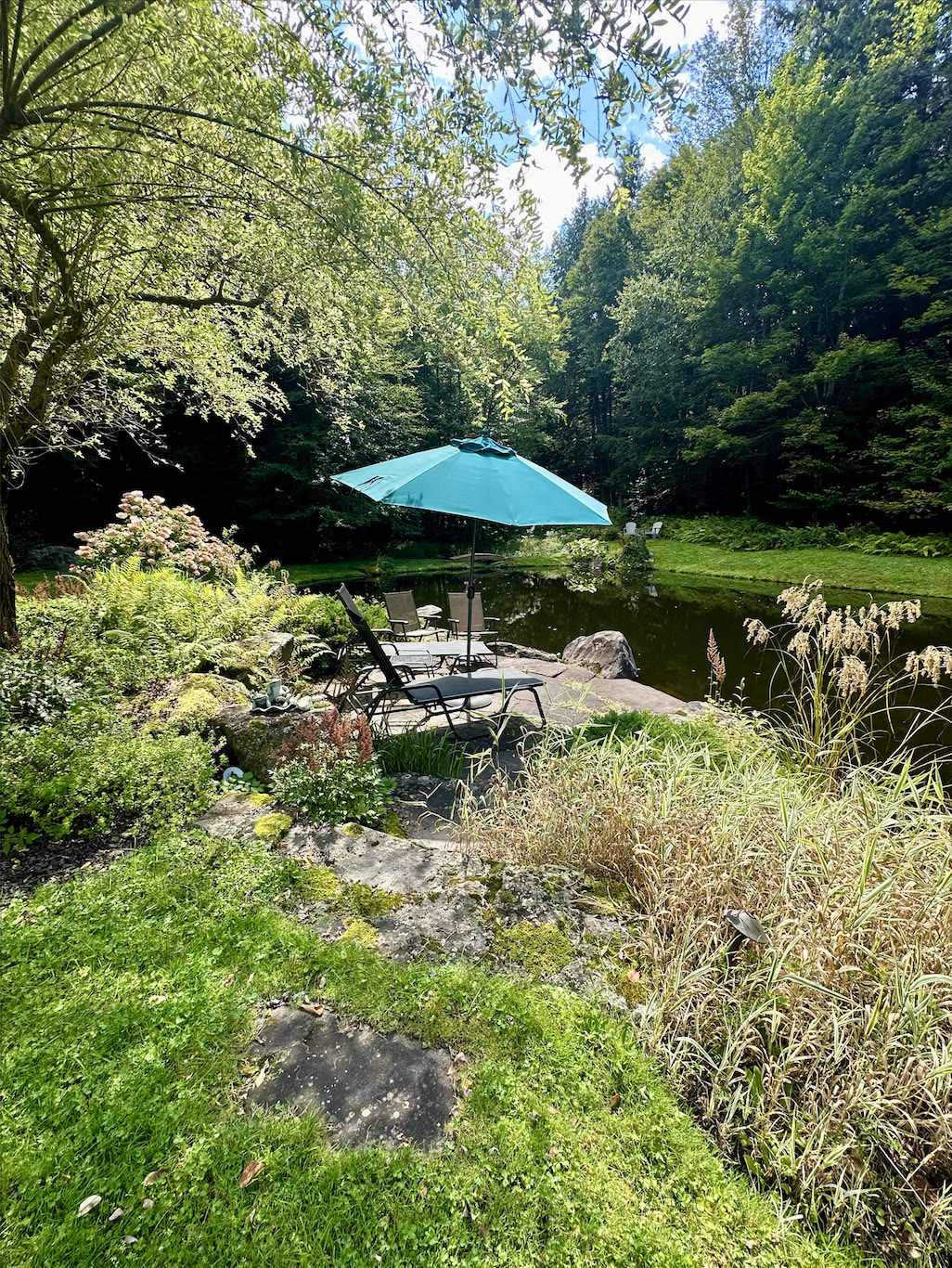 Pond with outdoor seating